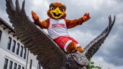 Rocky the Red Hawk sits atop a bronze Red Hawk statue.